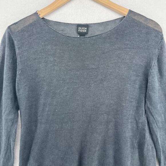 EILEEN FISHER Sweater S Linen Round Neck Pullover Jumper Sheer Gray - Picture 3 of 15